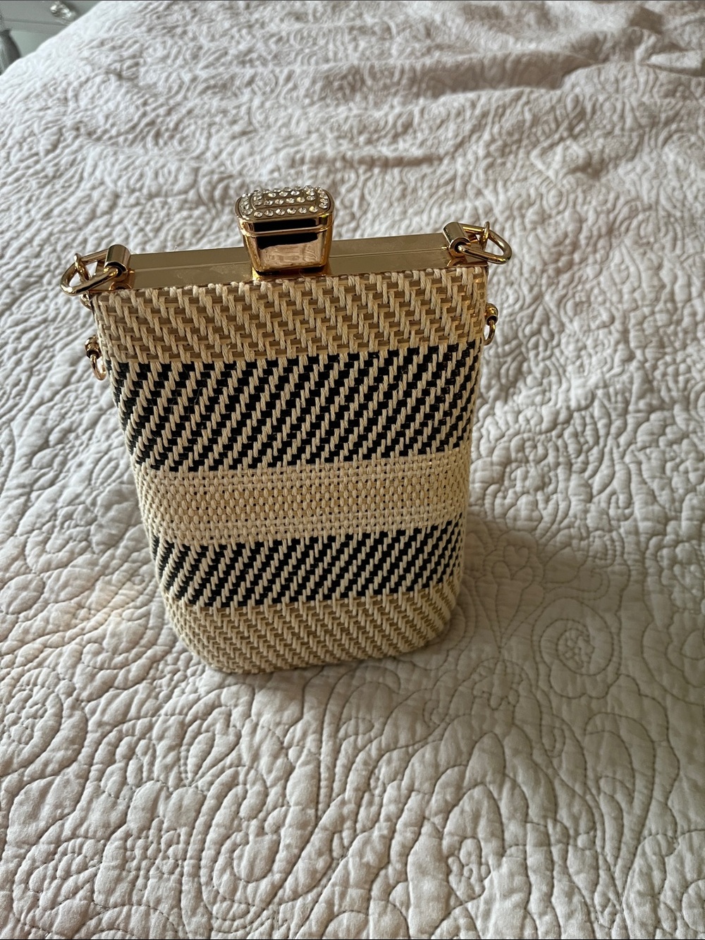 Woven Mini Box Bag in Black & Cream with Gold Chain - Picture 3 of 5